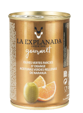 Španělské zelené olivy extra kvality, zelené, bez pecky, ve slaném nálevu a s náplní z pomerančů. Obsah 280g.