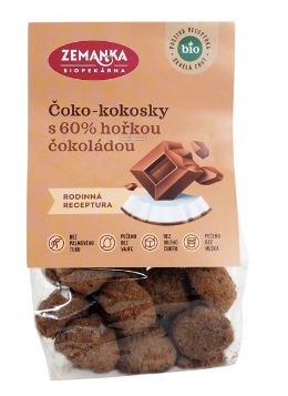 Biopekárna Zemanka bio čoko-kokosky s fair trade čokoládou jsou připravovány bez použití palmového tuku a slazeny přírodním třtinovým cukrem. Obsah 100g.