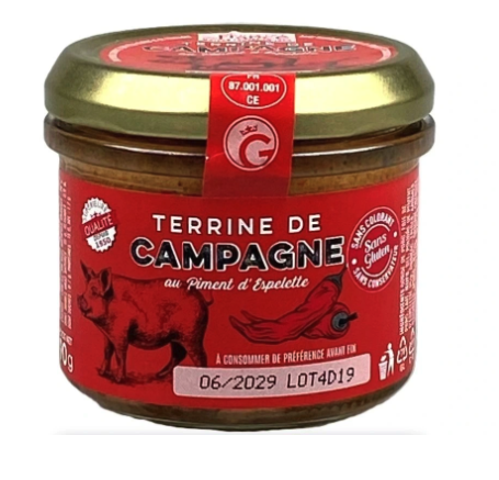 Farmářská terina s pálivou paprikou Espelette Terina s baskickou specialitou, pašíkem s pepřem z papriček Espelette. Obsah: 90g.