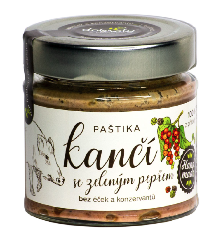 Paštika kančí se zeleným pepřem Kančí paštika se zeleným pepřem - masný výrobek, konzerva 150g.