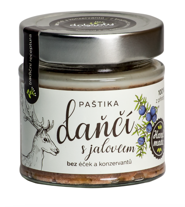 Daňčí paštika s jalovcem Daňčí paštika s jalovcem - masný výrobek, konzerva. Obsah: 250g.