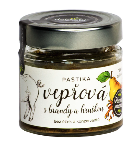 Paštika vepřová s brandy a hruškou Paštika vepřová s brandy a hruškou - masný výrobek, konzerva 150g