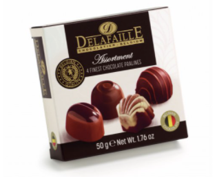 Bonboniéra obsahuje 4 plněné belgické pralinky z mléčné, hořké a bílé luxusní čokolády v potištěné krabičce. Obsah 50g.